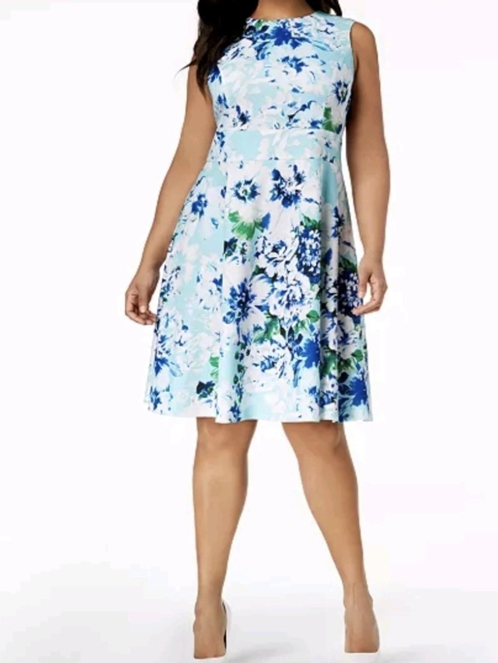 Calvin Klein Blue and White Floral Fit-and-Flare Dress